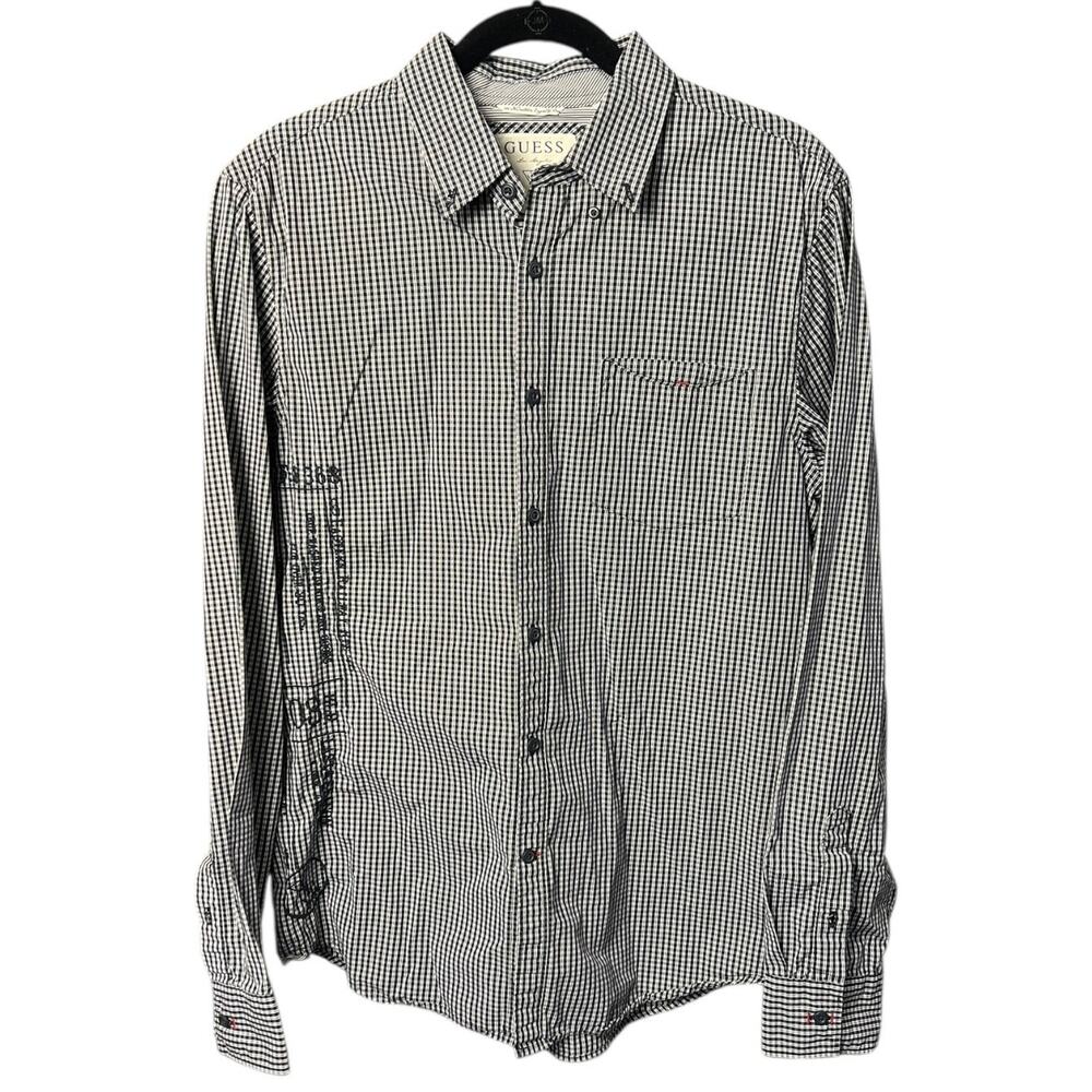 Guess Men’s Black and White Embroidered Check Button Down Long Sleeve Shirt - M
